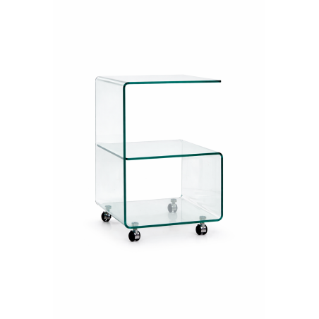 Mesa ABIGAIL, ruedas, cristal transparente, 40 x 40 cms