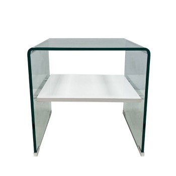 Mesa CORIN, cristal curvado, estante blanco 50x45 cms 2