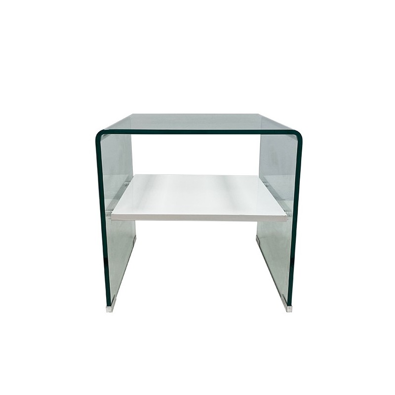 Mesa CORIN, cristal curvado, estante blanco 50x45 cms-0