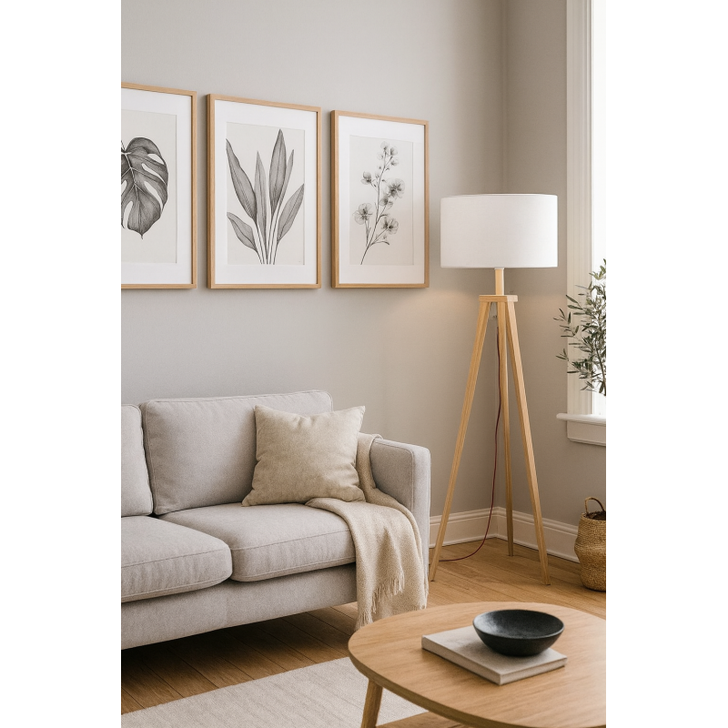 Lámpara JENSEN, pie salón, madera, pantalla blanca-0