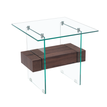 Mesa SUIZA, baja, madera, cristal, 55 x 55 cms