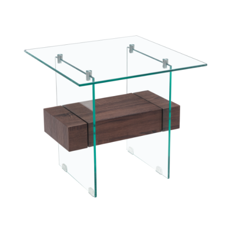 Mesa SUIZA, baja, madera, cristal, 55 x 55 cms