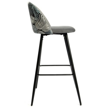 Taburete FLORAL, metal, tapizado velvet gris con trasera floral a juego