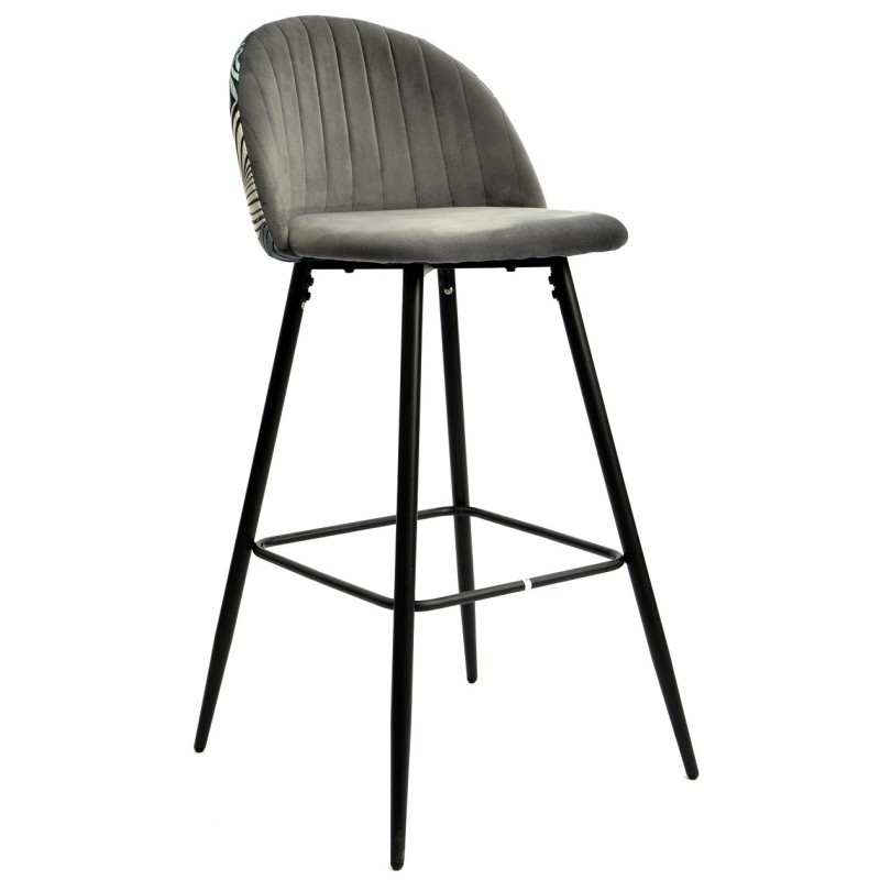 Taburete FLORAL, metal, tapizado velvet gris con trasera floral a juego-0