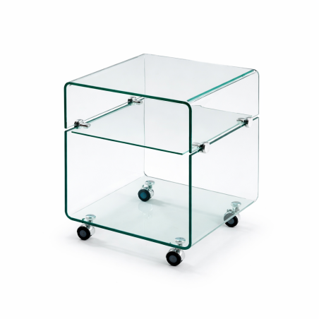 Mesa ARMSTRONG, baja, ruedas, cristal curvado, 40 x 40 cms