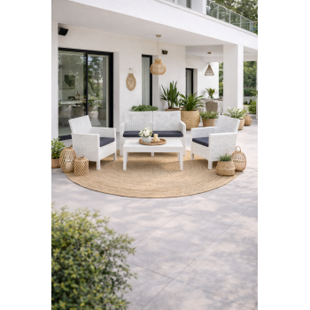 Set ADRIÁTICO, 2 Sillones + Sofá 2 plazas + mesa, polipropileno blanco, cojines incluidos 2