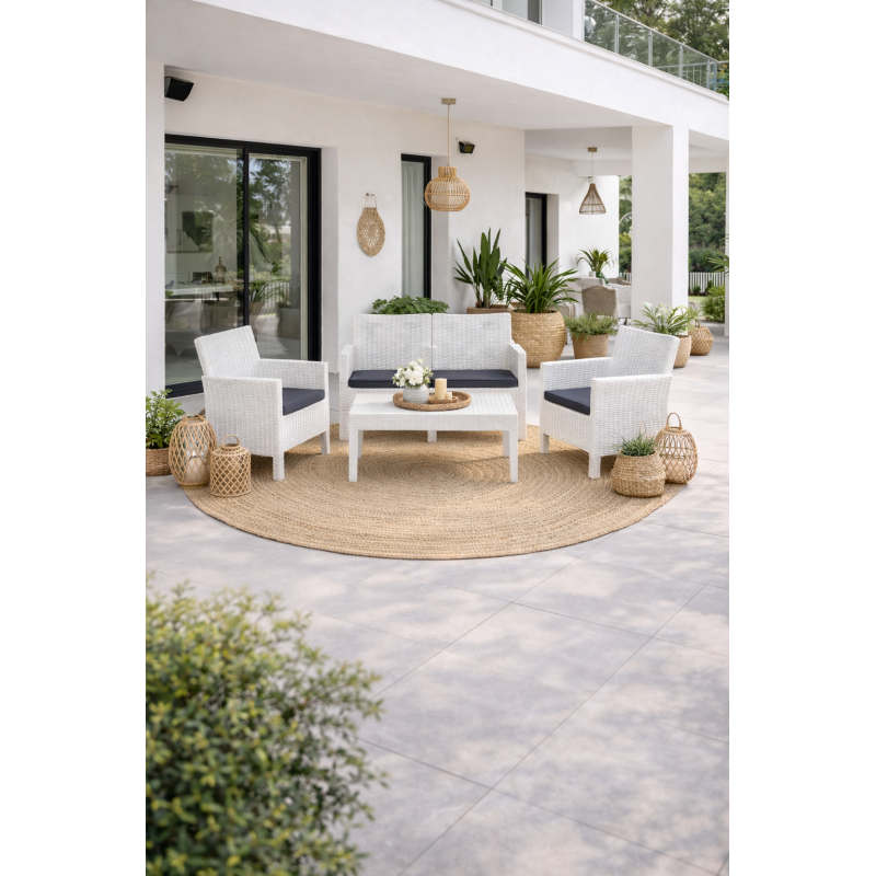 Set ADRIÁTICO, 2 Sillones + Sofá 2 plazas + mesa, polipropileno blanco, cojines incluidos-0