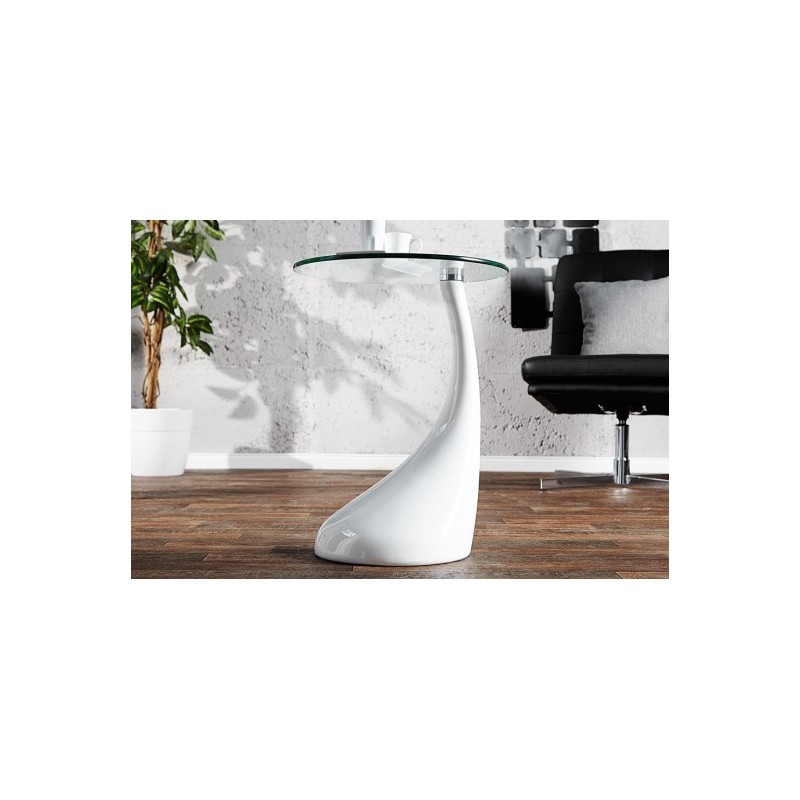 Mesa PEAR, baja, blanca, cristal, 50 cms de diámetro-0