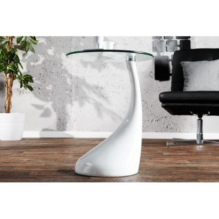 Mesa PEAR, baja, blanca, cristal, 50 cms de diámetro-0
