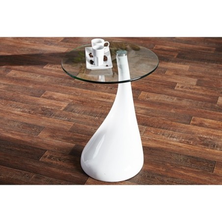 Mesa PEAR, baja, blanca, cristal, 50 cms de diámetro-1