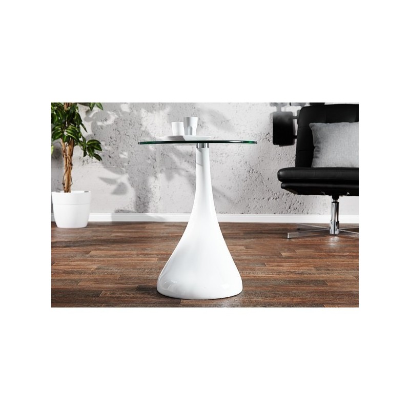 Mesa PEAR, baja, blanca, cristal, 50 cms de diámetro-2