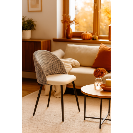 Silla ETNA, metal negro, tapizado pata de gallo y similpiel blanca-4