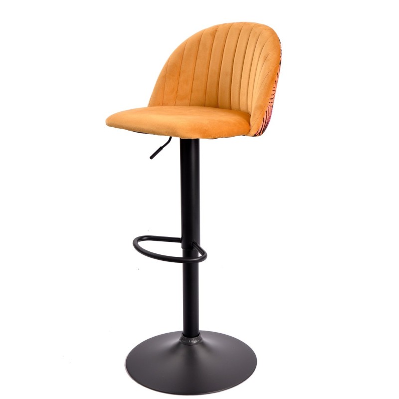 Taburete FLOWER, regulable, metal negro, tapizado velvet amarillo con trasera floral a juego-0