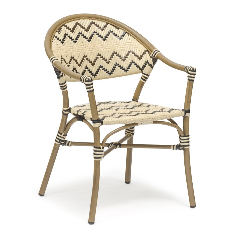 Sillón MERSIN, apilable, aluminio, ratán marrón, crema y negro