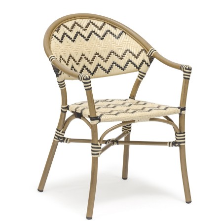 Sillón MERSIN, apilable, aluminio, ratán marrón, crema y negro
