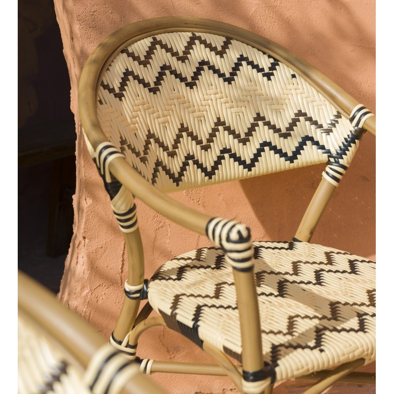 Sillón MERSIN, apilable, aluminio, ratán marrón, crema y negro-1