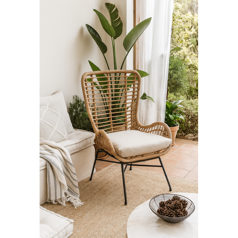 Sillón JAVA, metal, cojín, ratán beige-0