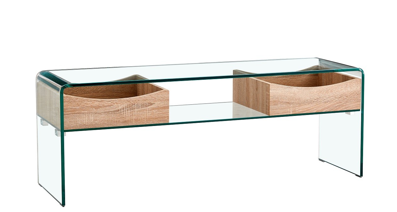 Mesa TV LIBRA, cajones, cristal curvado, 120 x 35 cms