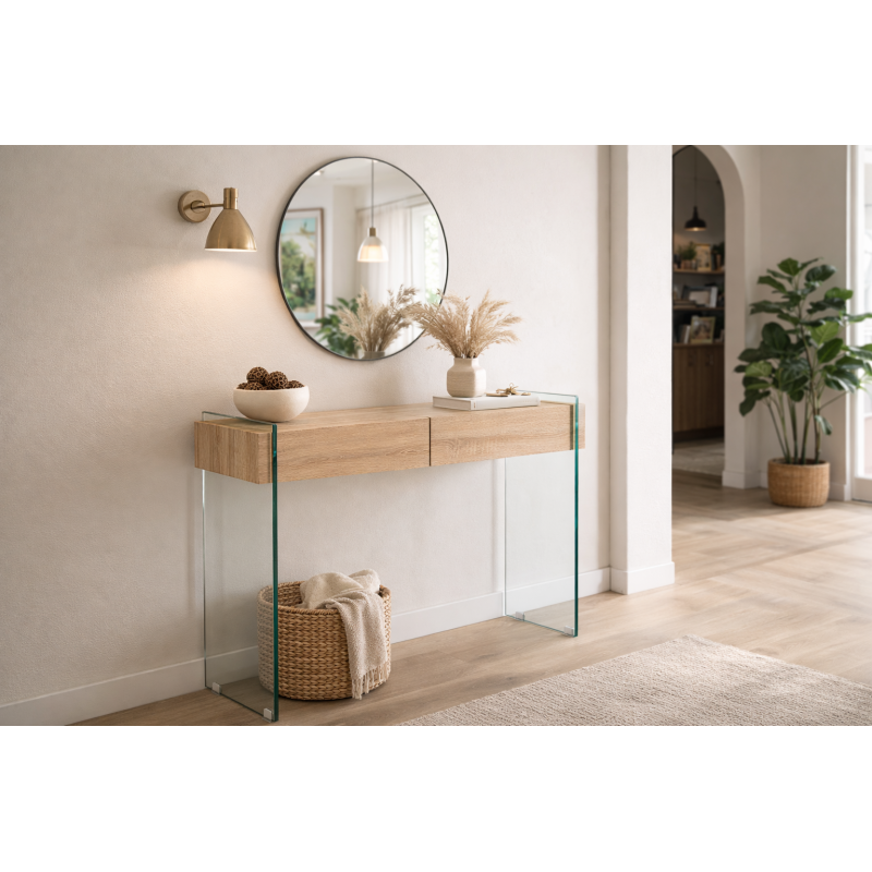 Consola GIOVANNA, 2 cajones, madera, cristal templado, 110 x 40 cms-1