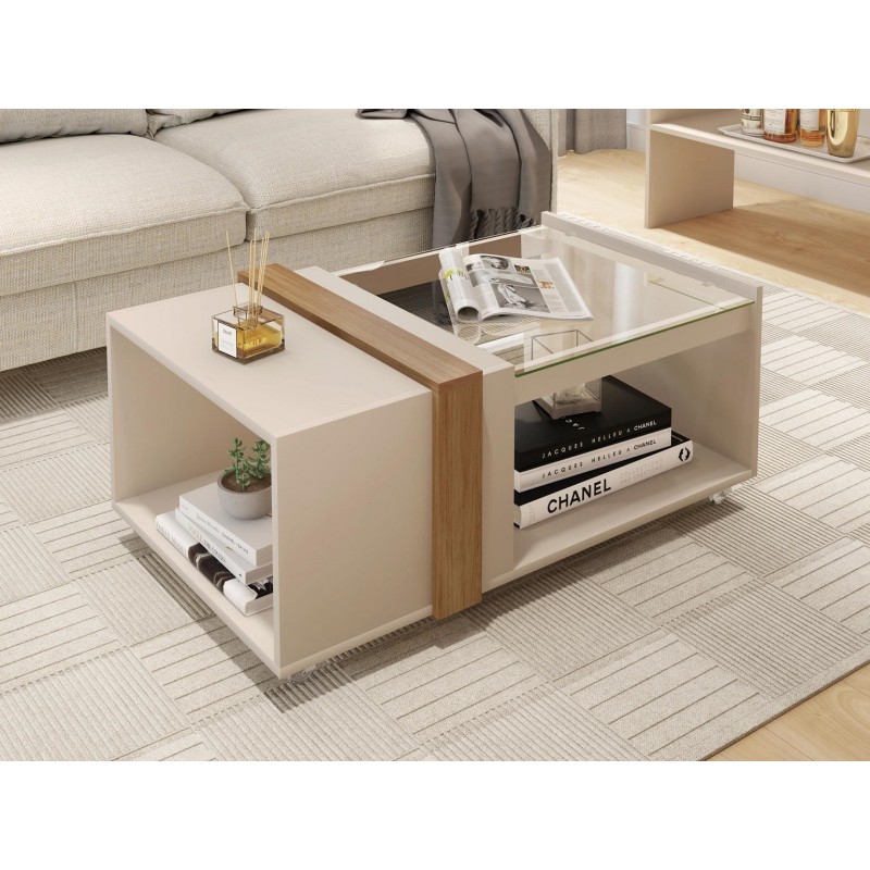 Mesa FRANCIA, baja, cristal, MDP blanco roto y miel, 90,5 x 54 cms-0