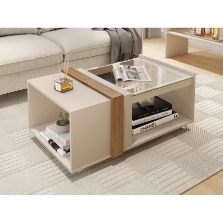 Mesa FRANCIA, baja, cristal, MDP blanco roto y miel, 90,5 x 54 cms-0
