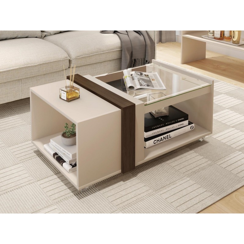 Mesa FRANCIA, baja, cristal, MDP blanco roto y nogal, 90,5 x 54 cms-0