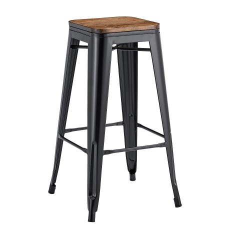 Taburete TOL EK WOOD, acero, negro, asiento madera
