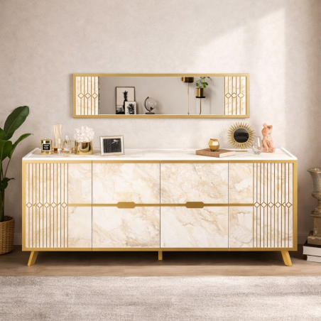 Aparador ELOISE, biIaminado mármol blanco con detalles dorados, 180 cms.