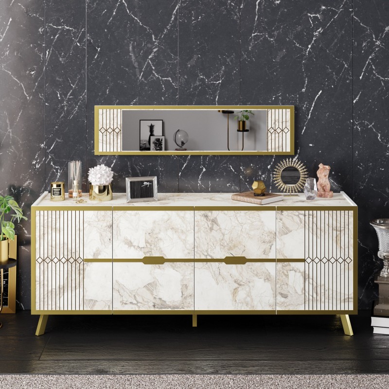 Aparador ELOISE, biIaminado mármol blanco con detalles dorados, 180 cms.-0