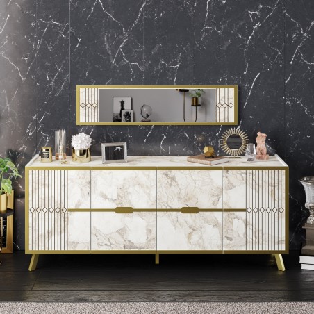 Aparador ELOISE, biIaminado mármol blanco con detalles dorados, 180 cms.-0