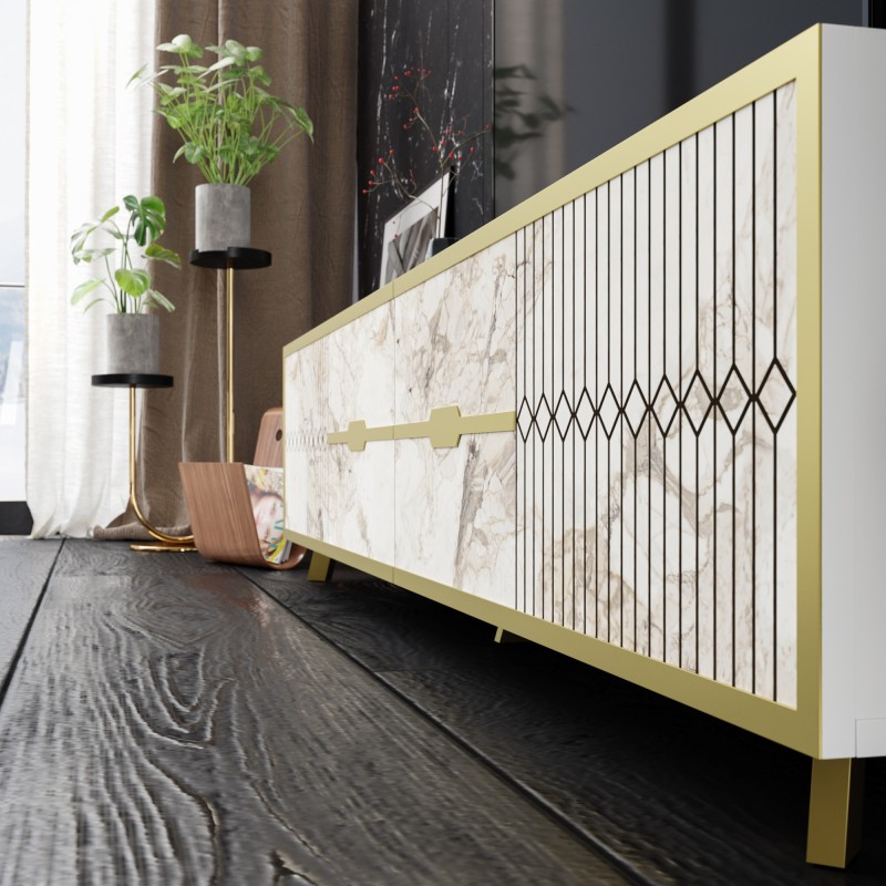 Aparador ELOISE, biIaminado mármol blanco con detalles dorados, 180 cms.-2