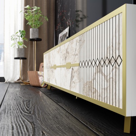 Aparador ELOISE, biIaminado mármol blanco con detalles dorados, 180 cms.-2