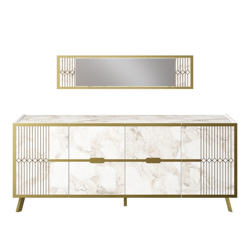 Aparador ELOISE, biIaminado mármol blanco con detalles dorados, 180 cms.-4
