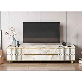 Mueble de TV ELOISE, biIaminado mármol blanco con detalles dorados, 180 cms.
