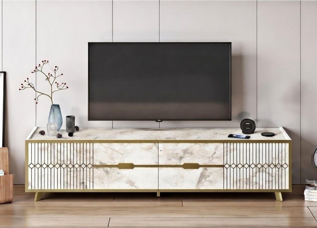Mueble de TV ELOISE, bilaminado mármol blanco con detalles dorados, 180 cms.
