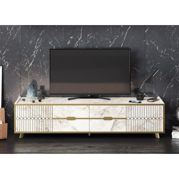 Mueble de TV ELOISE, biIaminado mármol blanco con detalles dorados, 180 cms. 2