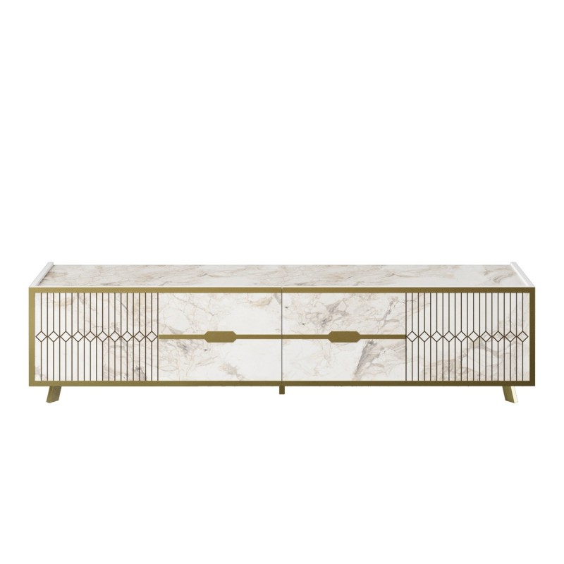 Mueble de TV ELOISE, biIaminado mármol blanco con detalles dorados, 180 cms.-1