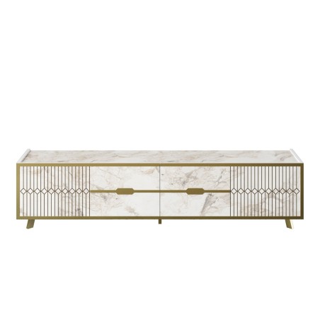 Mueble de TV ELOISE, biIaminado mármol blanco con detalles dorados, 180 cms.-1