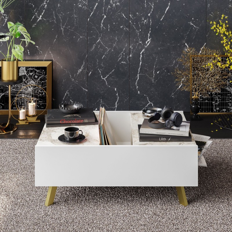 Mesa baja ELOISE, biIaminado mármol blanco, 89,5 cms.-0