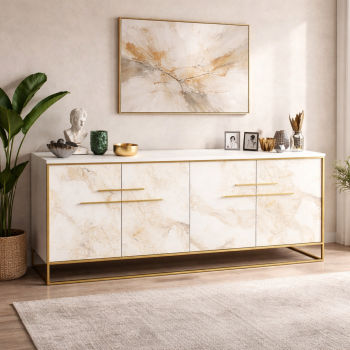 Aparador SIENA, biIaminado mármol blanco con metal dorado, 180 cms.