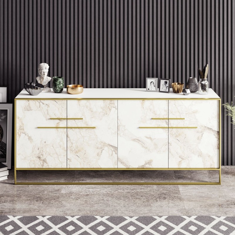 Aparador SIENA, biIaminado mármol blanco con metal dorado, 180 cms.-1