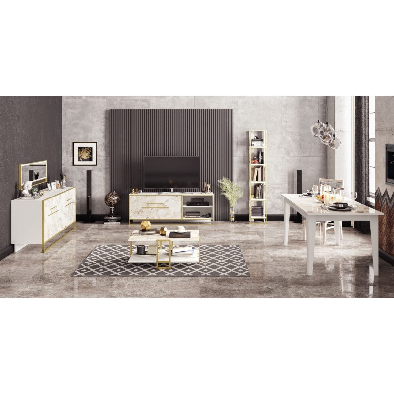 Aparador SIENA, biIaminado mármol blanco con metal dorado, 180 cms.-3