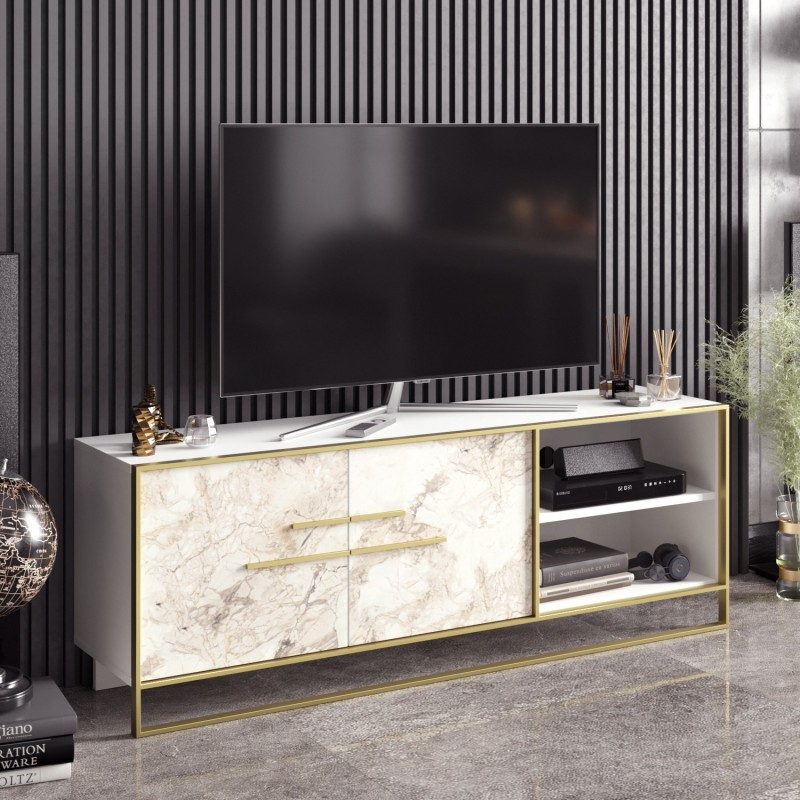 Mueble de TV SIENA, biIaminado mármol blanco con metal dorado, 160 cms.-0