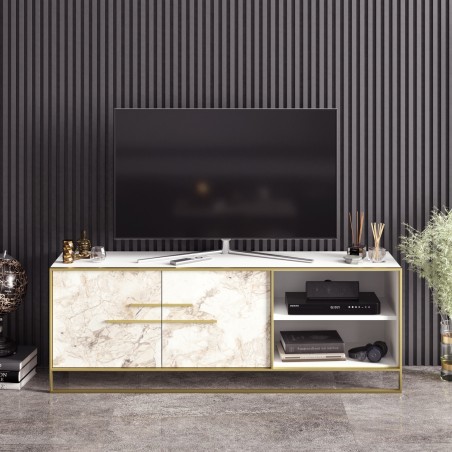 Mueble de TV SIENA, biIaminado mármol blanco con metal dorado, 160 cms.-1