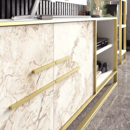 Mueble de TV SIENA, biIaminado mármol blanco con metal dorado, 160 cms.-2