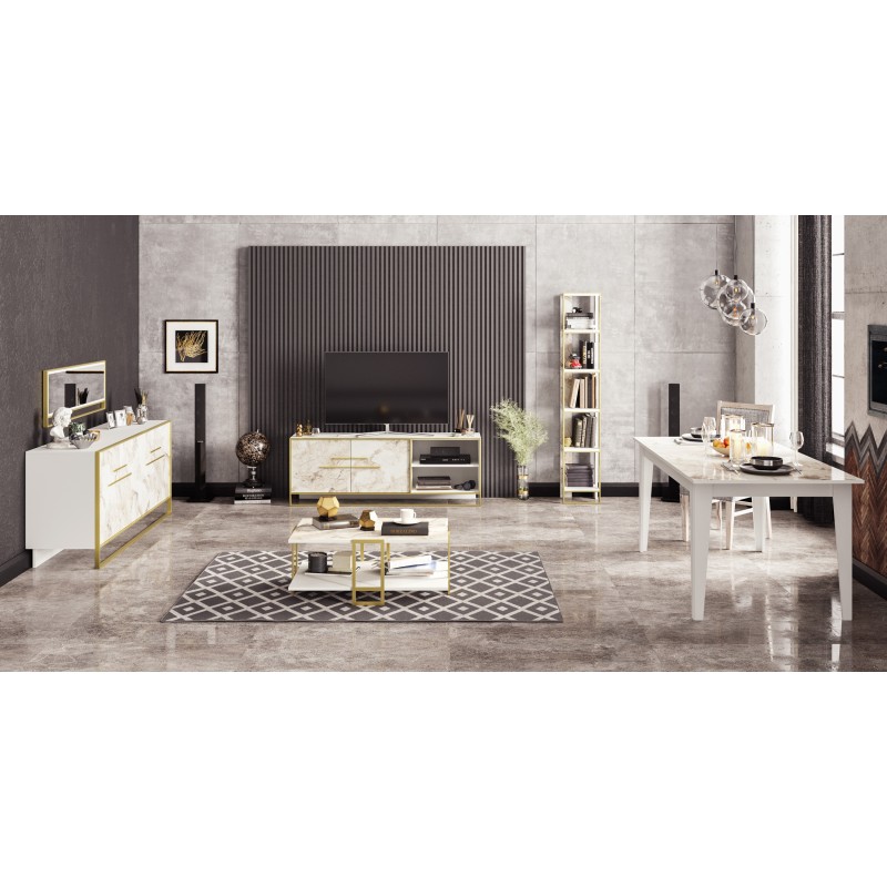 Mueble de TV SIENA, biIaminado mármol blanco con metal dorado, 160 cms.-3