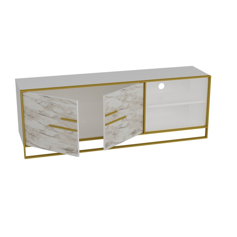 Mueble de TV SIENA, biIaminado mármol blanco con metal dorado, 160 cms.-4