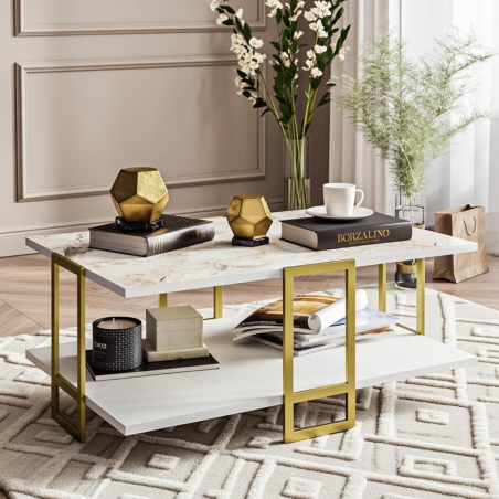 Mesa baja SIENA, biIaminado mármol blanco, con metal dorado 91,5 cms.