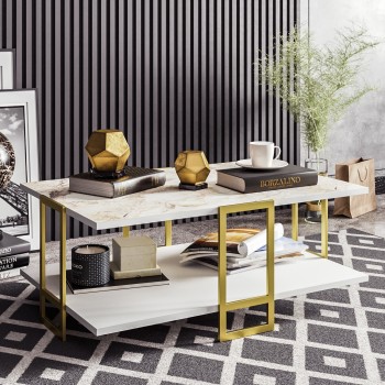 Mesa baja SIENA, biIaminado mármol blanco, con metal dorado 91,5 cms. 2