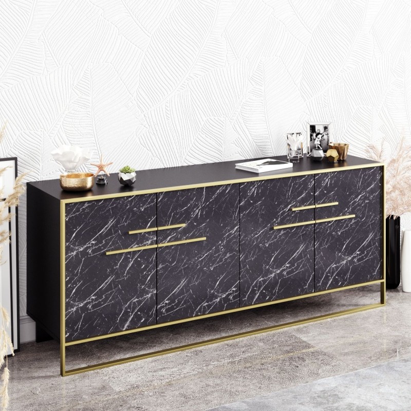 Aparador SIENA, biIaminado mármol negro con metal dorado, 180 cms.-0